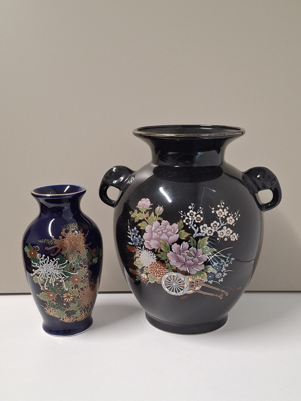 Vintage Ceramic Black/Blue Japan Vases Floral and Gold Trim Set Of Two